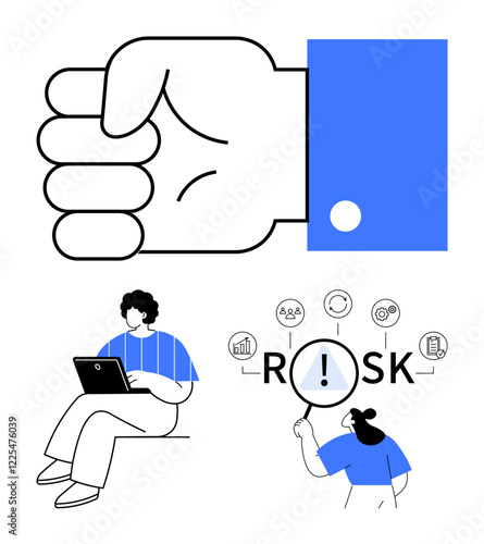 Large fist symbolizing assertiveness or caution, person on laptop focused on tasks, magnifying glass over risk text and icons for analysis. Ideal for business, problem-solving, safety
