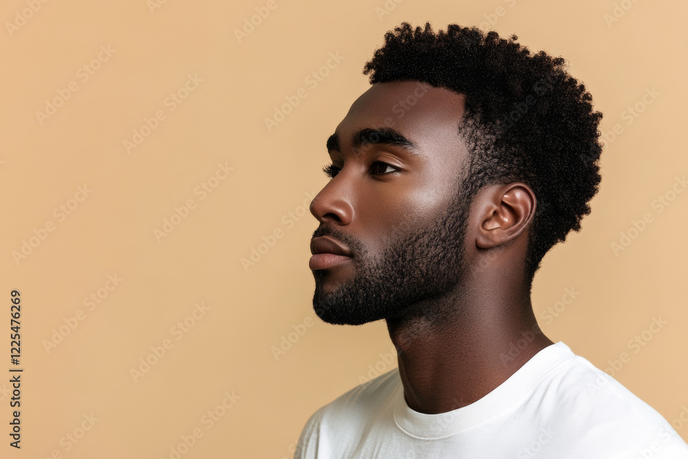 Obraz premium Professional studio portrait of a confident Black man in a white t-shirt with a modern hairstyle and groomed beard, ideal for fashion, lifestyle, and personal branding projects