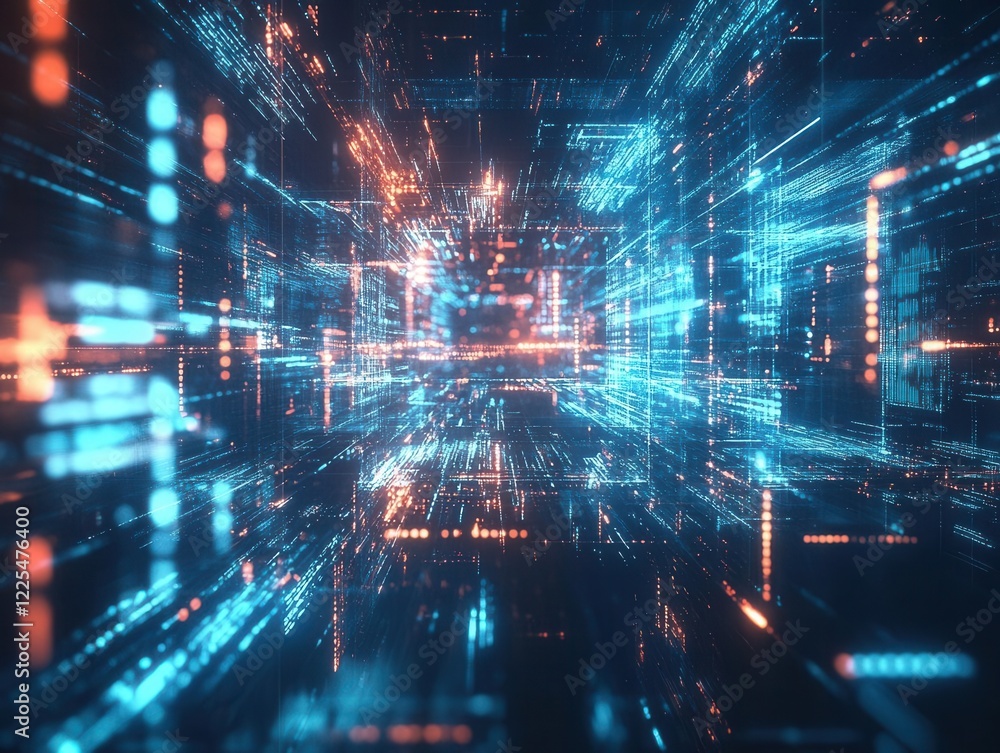 futuristic 3d visualization of interconnected digital pathways forming a glowing network matrix, with holographic data streams and geometric patterns in deep blue and cyan futuristic 3d visualization of interconnected digital pathways forming a glowing network matrix, with holographic data streams and geometric patterns in deep blue and cyan