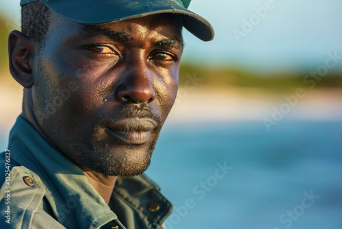 Generative AI Image of Lifeguard on Duty with Lifebuoy on Ocean Beach photo