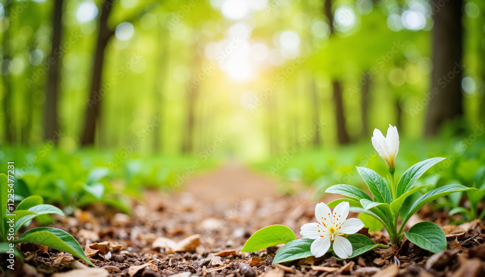Fresh green leaves and blossoms on forest path, Nature's Renewal Fresh green leaves and blossoms on forest path, Nature's Renewal