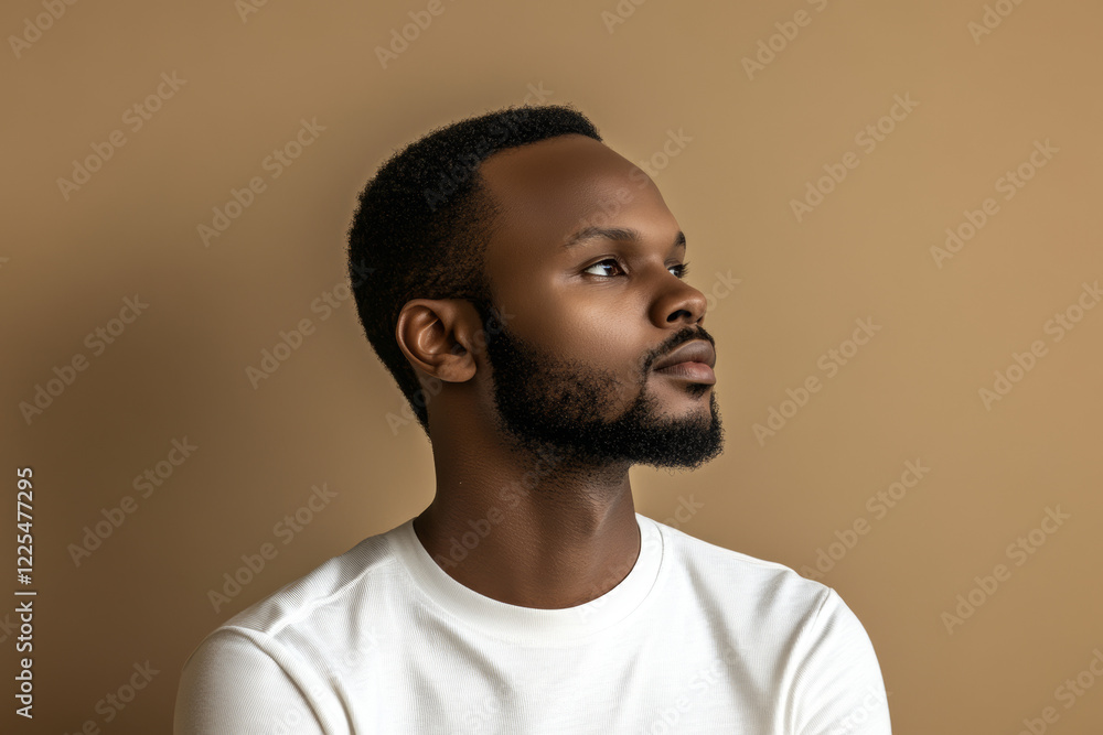 Fototapeta premium Portrait of a handsome Black man in a white t-shirt, exuding confidence and modern style, ideal for lifestyle, fashion, and personal branding purposes
