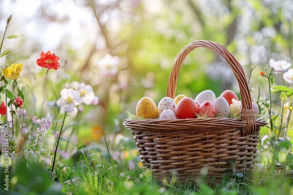 Colorful Easter eggs arranged in a wicker basket surrounded by blooming flowers in springtime Colorful Easter eggs arranged in a wicker basket surrounded by blooming flowers in springtime