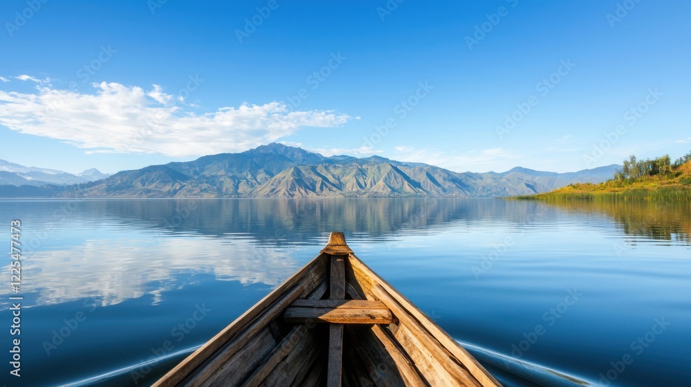 Obraz premium A serene view from a boat on a calm lake, surrounded by mountains and under a clear blue sky.