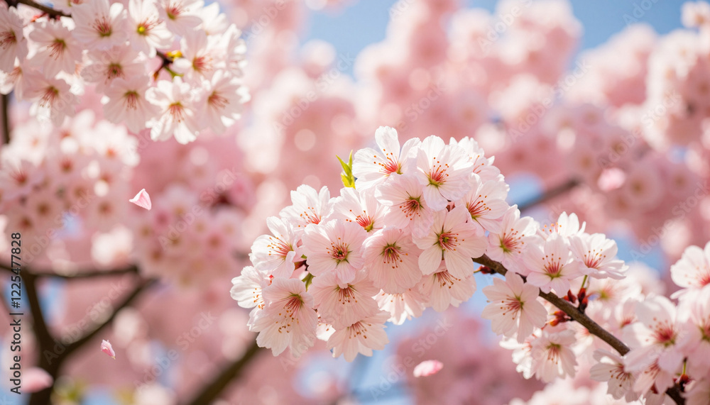 Cherry blossoms showering petals in urban park at noon, Spring beauty Cherry blossoms showering petals in urban park at noon, Spring beauty