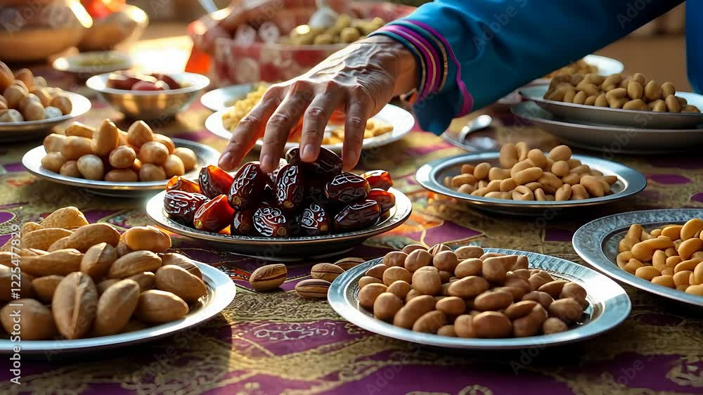 Hand Reaching for Dates Among Assorted Nuts and Dried Fruits on Decorative Plates at a Traditional Feast
Hand Reaching for Dates Among Assorted Nuts and Dried Fruits on Decorative Plates at a Traditional Feast