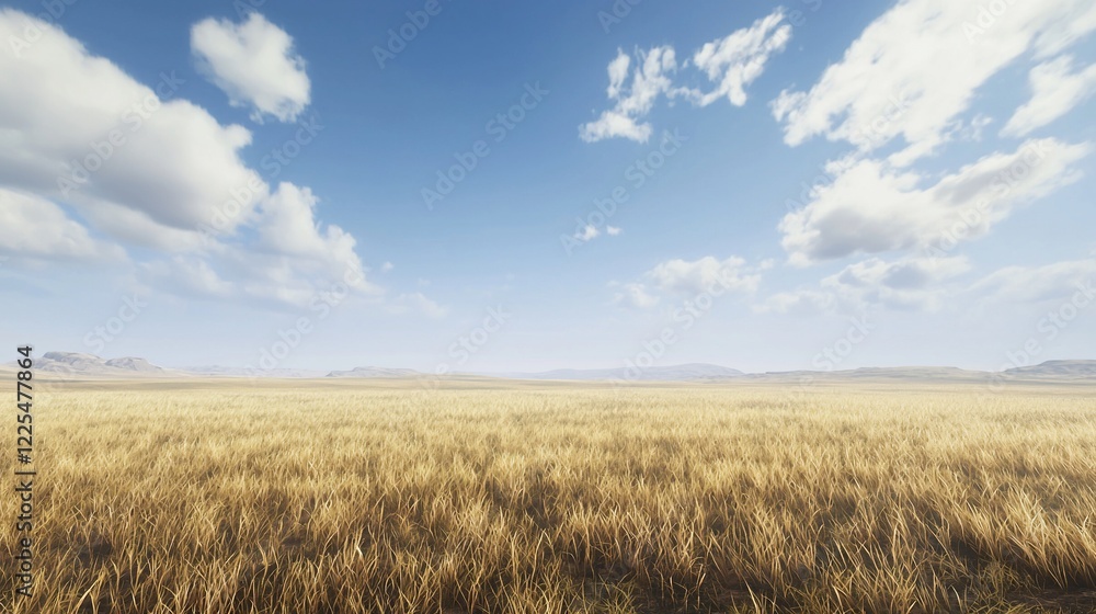Expansive golden grassland under a bright blue sky with soft clouds, showcasing serene nature Expansive golden grassland under a bright blue sky with soft clouds, showcasing serene nature