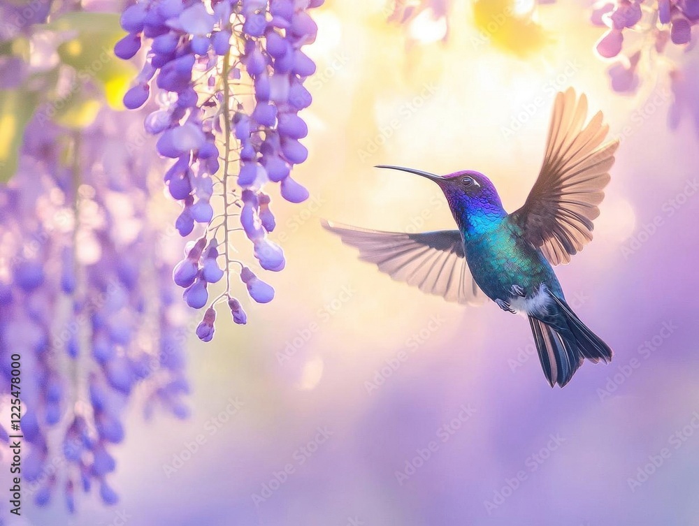 Obraz premium iridescent sunbird gracefully suspended mid-air near blooming purple wisteria cascade, golden hour sunlight filtering through delicate petals, bokeh background