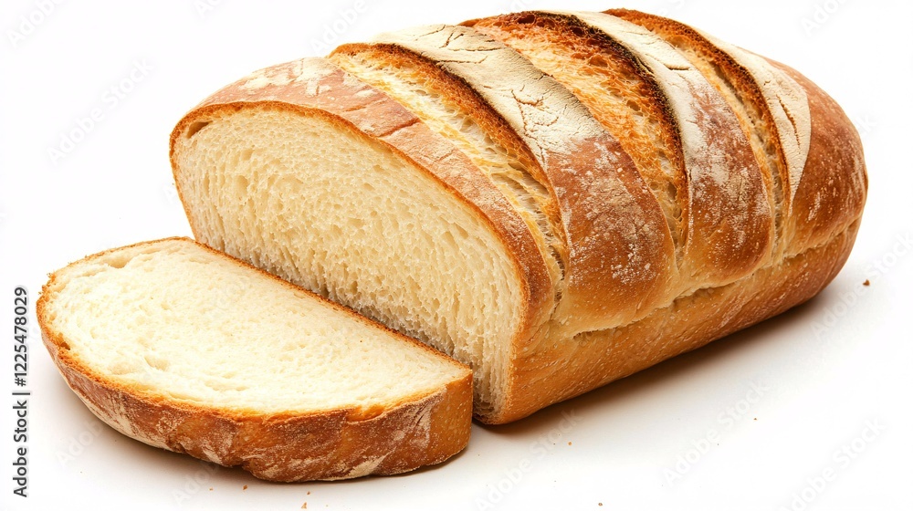 Freshly Sliced Loaf of Artisan White Bread on White Background Freshly Sliced Loaf of Artisan White Bread on White Background
