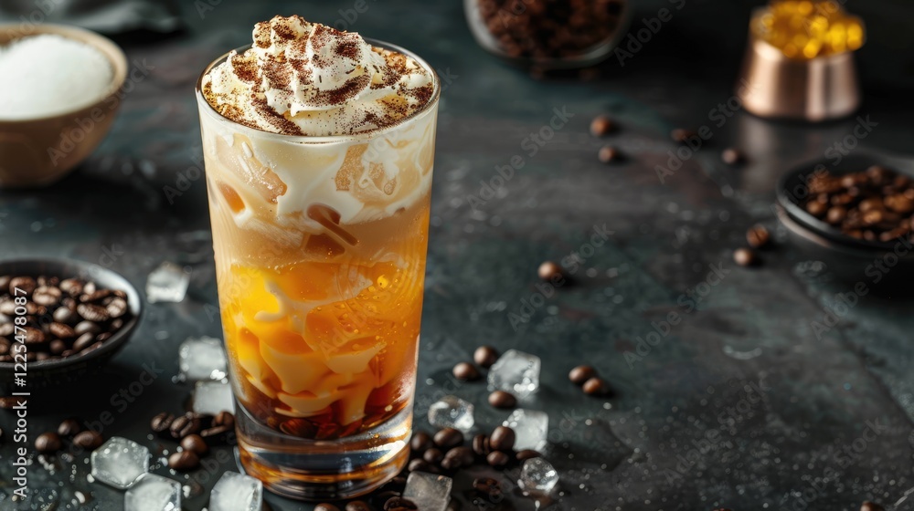 Cold summer drink with cream in tall glass, coffee beans, and ice cubes on dark table. Cold summer drink with cream in tall glass, coffee beans, and ice cubes on dark table.