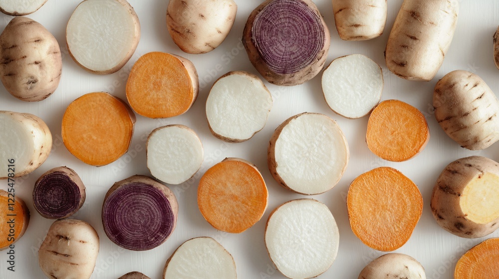 Colorful Variety of Sliced Fresh Root Vegetables on White Background Colorful Variety of Sliced Fresh Root Vegetables on White Background