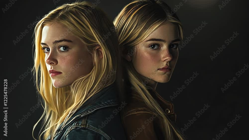 Two young women with long blonde hair pose back to back in low light, showcasing strong expressions and contemporary fashion styles Two young women with long blonde hair pose back to back in low light, showcasing strong expressions and contemporary fashion styles