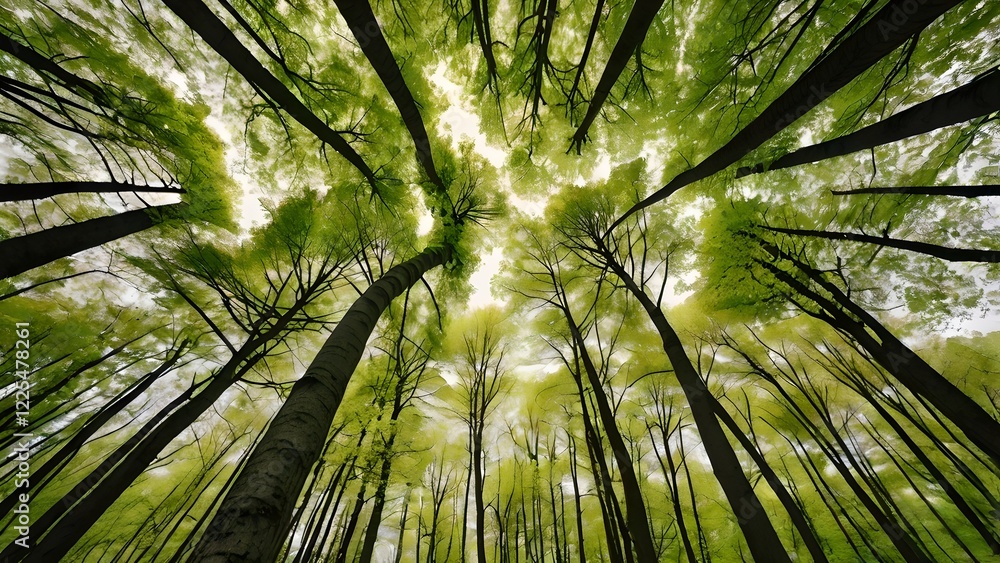 Upward View of Lush Beech Forest in Spring