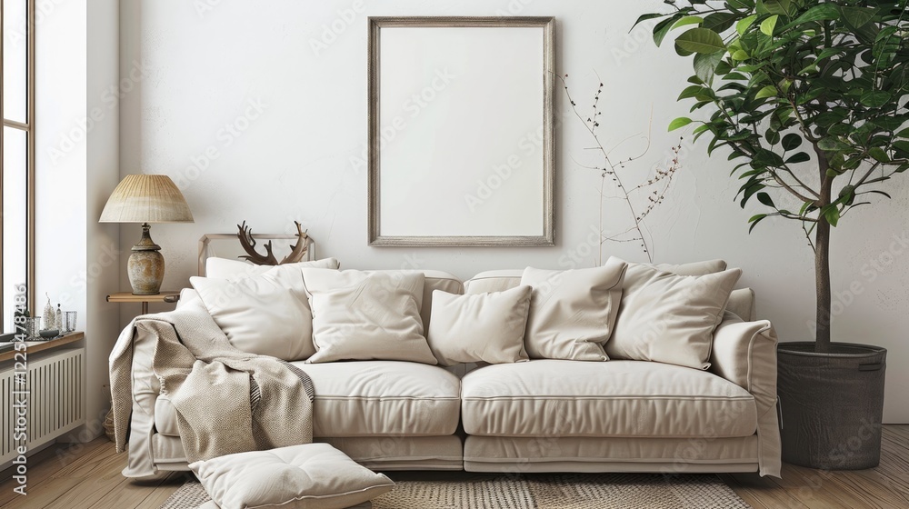 Fototapeta premium Comfortable living room with couch and family tree picture frame