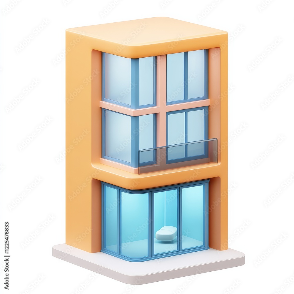 A modern, small building model with orange exterior, large glass windows, and a sleek design. A modern, small building model with orange exterior, large glass windows, and a sleek design.