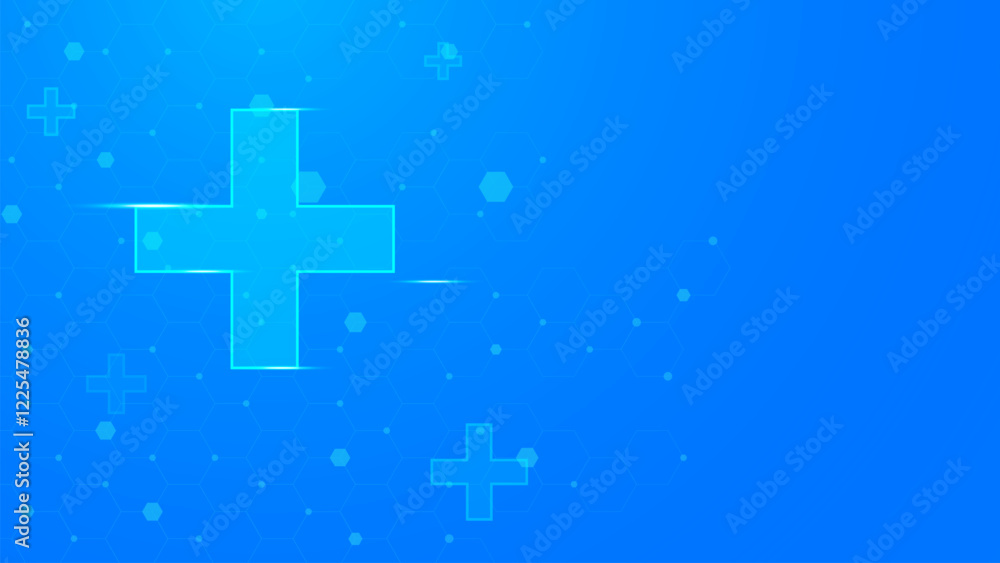 Obraz premium Abstract medical cross with hexagonal pattern and particles. Healthcare, medicine and science concept background