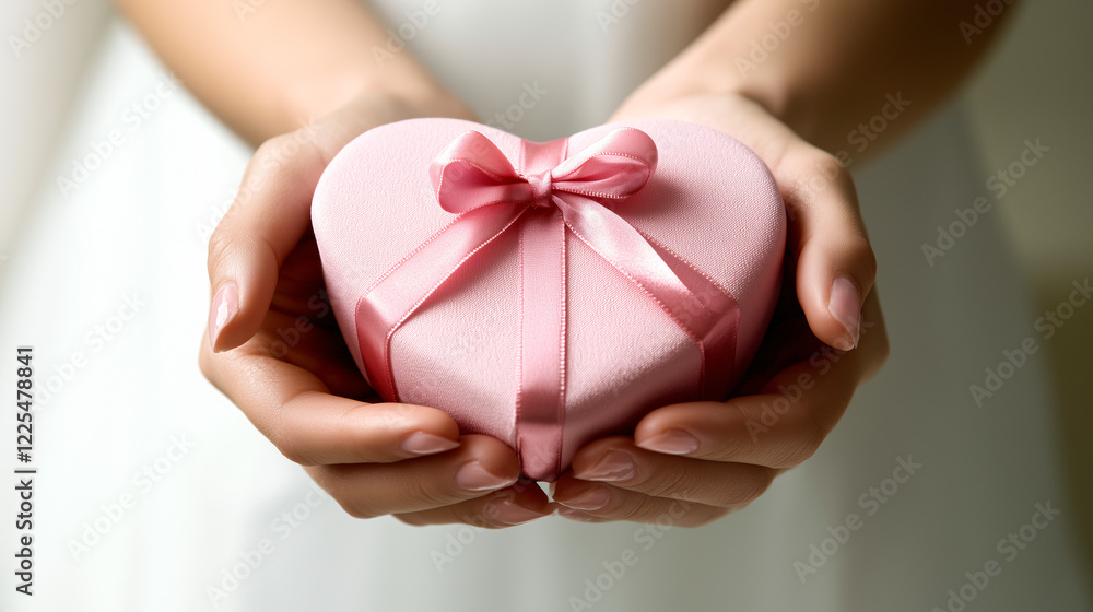 Close-up of female hands gracefully holding a pink heart shaped gift box tied with satin ribbon scene exudes warmth and romance for Valentine's Day themes. Close-up of female hands gracefully holding a pink heart shaped gift box tied with satin ribbon scene exudes warmth and romance for Valentine's Day themes.