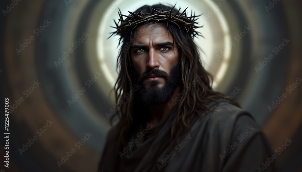 Fototapeta premium A portrait of a man with long hair and a beard, wearing a robe and a crown of thorns, with a solemn expression on his face, surrounded by a glowing halo.