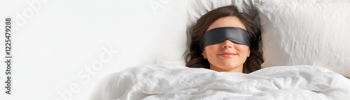 Young woman peacefully sleeping in bed with a sleep mask over her eyes, surrounded by soft pillows and blankets in a bright, serene bedroom environment photo