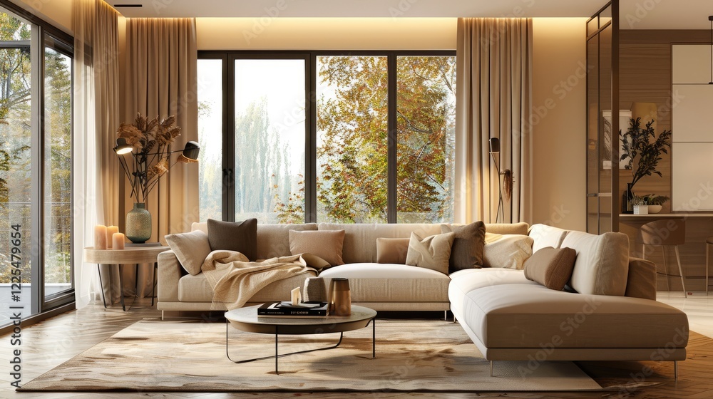 Fototapeta premium Cozy home interior with beige sofa and coffee table on warm background