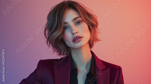 Wallpaper Mural A stylish young businesswoman with short, wavy hair, dressed in a sleek burgundy jacket over a black shirt, standing against a clean, gradient-toned background, shot from the waist up with vibrant lig Torontodigital.ca