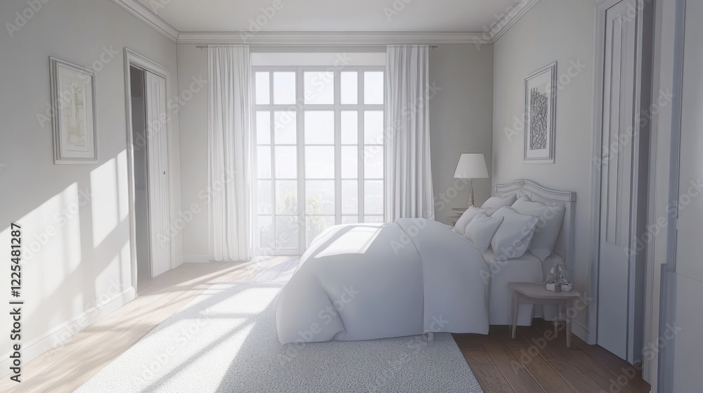 Fototapeta premium Serene Bedroom with White Bedding and Large Window