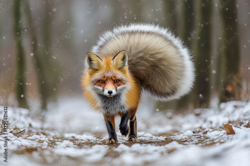 Fox explores a snow-covered forest in winter with a striking fluffy tail Fox explores a snow-covered forest in winter with a striking fluffy tail