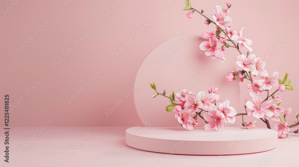 Empty circular podium with spring flowers on a light pink background. Empty circular podium with spring flowers on a light pink background.