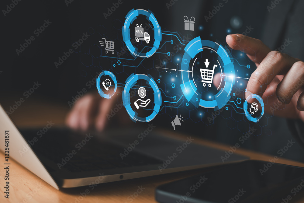 People hand using smartphone and laptop to make payment for online shopping application. After success it's show purchase order send to warehouse and making delivery process. Online banking. People hand using smartphone and laptop to make payment for online shopping application. After success it's show purchase order send to warehouse and making delivery process. Online banking.