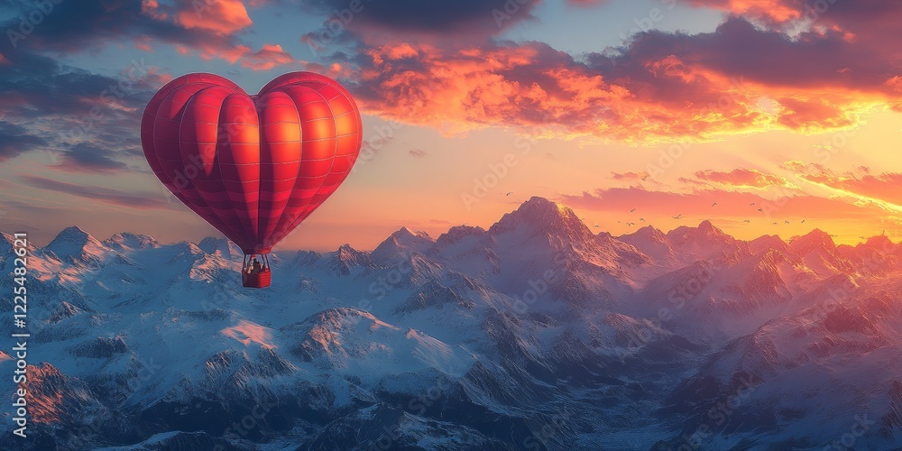 Fototapeta premium A whimsical red heart balloon floating above snow-covered peaks, symbolizing love and adventure. Great for Valentine's Day cards, travel, and romance themes.