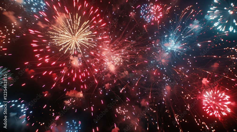 Fototapeta premium Fireworks illuminate the night sky in red, white, and blue for patriotic New Year's Eve or Independence Day celebration, with a shallow depth of field.