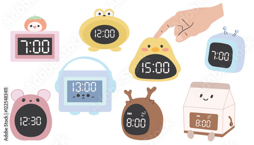 Vector flat illustration of a digital clock displaying. Illustration of alarm with digital number design. Cute illustration in a childish style