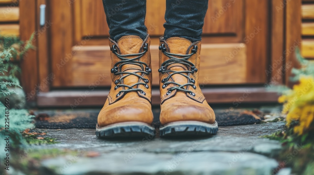 Brown Hiking Boots on Stone Pathway Brown Hiking Boots on Stone Pathway