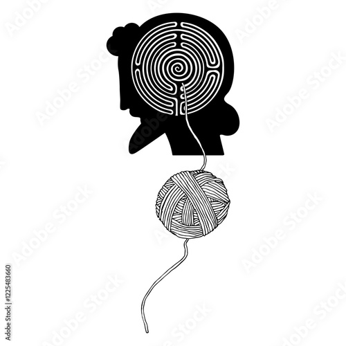 Round spiral maze or labyrinth symbol inside male head and a yarn ball. Ariadne's thread. Ancient Greek hero Theseus. Creative mythological concept. Black and white silhouette.