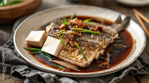 Gourami fish with tofu and fermented black bean sauce on a plate photo