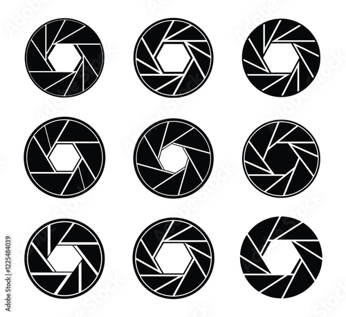 Camera aperture icons set. Camera lens diaphragm row with aperture. vector illustration