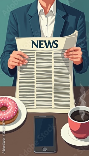 A well-dressed man sits at a table, holding a newspaper titled NEWS, surrounded by a steaming cup of coffee and a pink-frosted donut. This cozy scene captures the essence of a leisurely morning