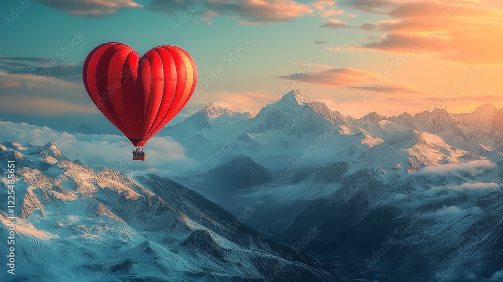 Fototapeta premium A whimsical red heart balloon floating above snow-covered peaks, symbolizing love and adventure. Great for Valentine's Day cards, travel, and romance themes.