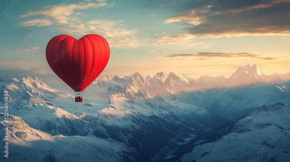 Fototapeta premium A whimsical red heart balloon floating above snow-covered peaks, symbolizing love and adventure. Great for Valentine's Day cards, travel, and romance themes.