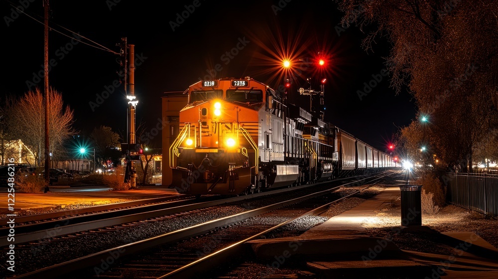 Nighttime Train Journey, dynamic light trails illuminate a train in motion, vibrant colors contrast against the dark sky, captured from a low angle Nighttime Train Journey, dynamic light trails illuminate a train in motion, vibrant colors contrast against the dark sky, captured from a low angle