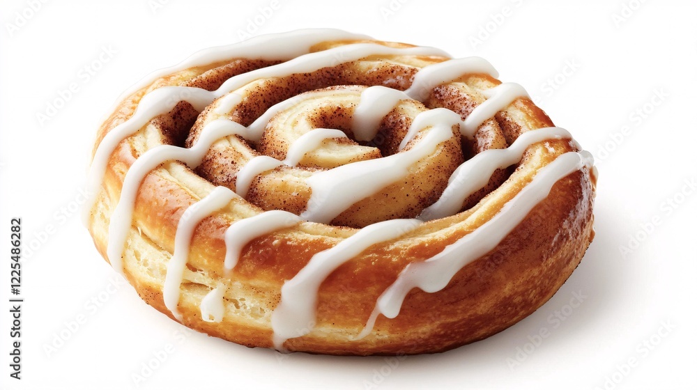 Fototapeta premium Deliciously Soft Cinnamon Roll with Creamy Icing on White Background