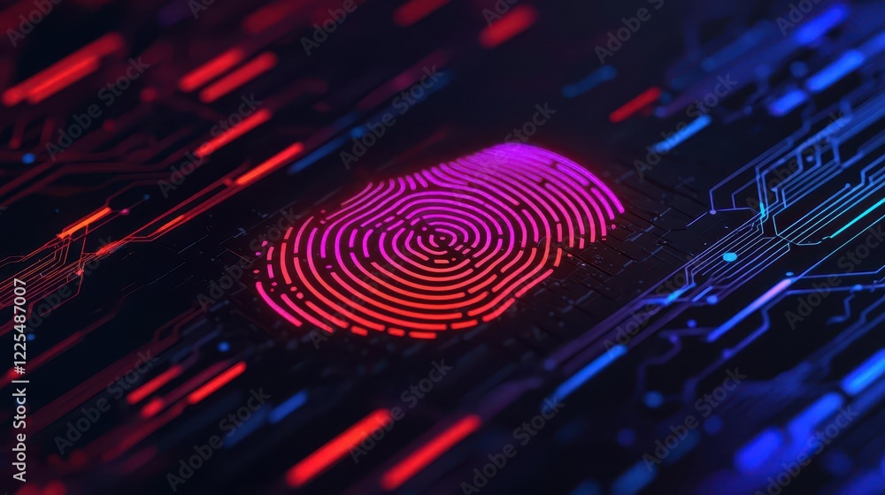 Fingerprint scanning hologram overlaying a secure cloud server, vibrant neon light, cyberbio security innovation Fingerprint scanning hologram overlaying a secure cloud server, vibrant neon light, cyberbio security innovation