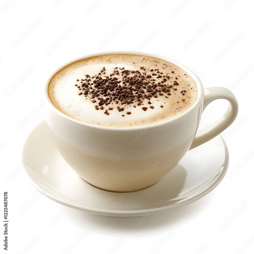 Cup of coffee topped with chocolate chips and creamy cappuccino with chocolate sprinkles isolated on a white background Cup of coffee topped with chocolate chips and creamy cappuccino with chocolate sprinkles isolated on a white background