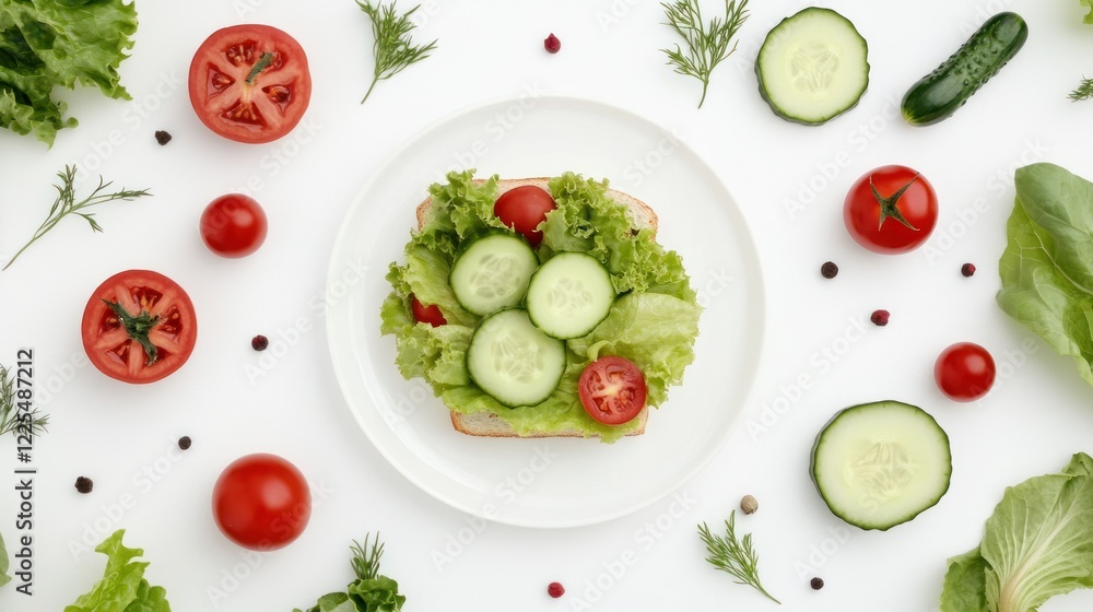 A simple vegetable sandwich on a white plate with fresh ingredients A simple vegetable sandwich on a white plate with fresh ingredients
