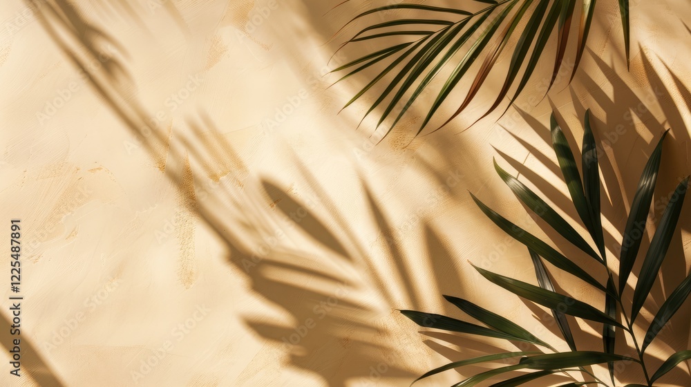 Fototapeta premium Minimal Tropical Leaf Shadow Presentation on Beige Background