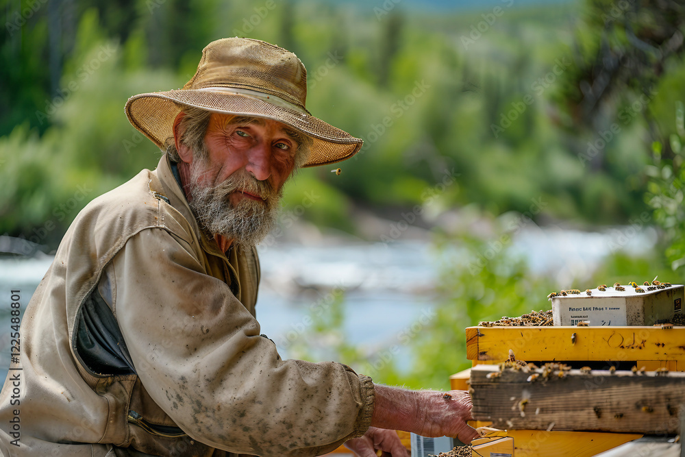 Experienced Beekeeper Harvesting Honeycombs with Bees in a Rural Setting Generative AI Experienced Beekeeper Harvesting Honeycombs with Bees in a Rural Setting Generative AI