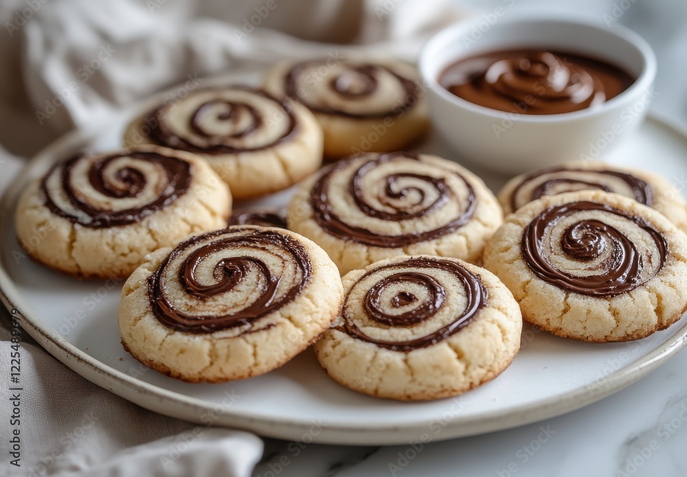 Delicious Homemade Swirled Cookies with Chocolate Spread on Plate Delicious Homemade Swirled Cookies with Chocolate Spread on Plate