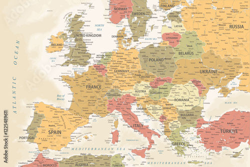 Europe Map Retro Vintage Ancient - stock vector colored illustration with layers