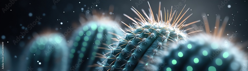 Obraz premium Cacti stand tall in a serene desert, bathed in soft glowing light, creating a mystical atmosphere. The night is filled with a sense of calm and beauty as tiny particles fall gracefully