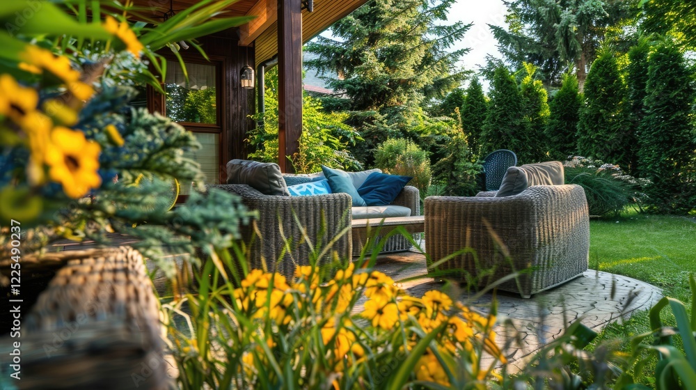 Fototapeta premium Outdoor garden patio with sofa pillow for relaxation and decor